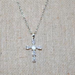 Photo of 6 Pear Shaped Clear Stones Cross PENDANT (1" x ¾") on a Silver Tone Necklace Ch