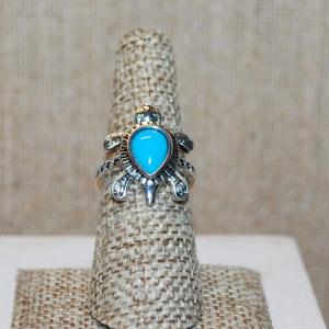 Photo of Size 7¼ TURTLE Pear Shaped Turquoise Style Stone Ring with Silver Tone Band (4.