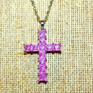 Photo of Light Pink Squared Stones Cross PENDANT (1½" x 1") on a Silver Tone Necklace Ch