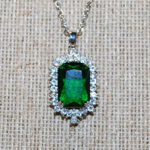 Photo of Deep Green Emerald Style Cut Stone PENDANT (1¼" x ¾") + Full Clear Stones Surr