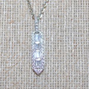 Photo of Clear Stones Parallelogram PENDANT (1¼" x ¼") on a Silver Tone Necklace Chain 