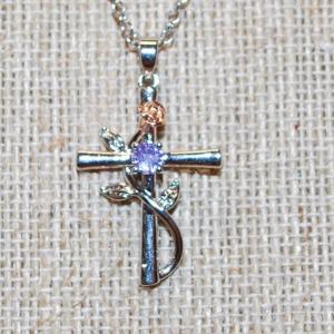 Photo of Light Purple Stone & Rose Gold "Rose" Cross PENDANT (1 ¼" x ¾") on a Silver To