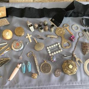 Photo of Large Vintage Collectibles Lot Compacts Tie Tacks Shoe Belt Buckles +++