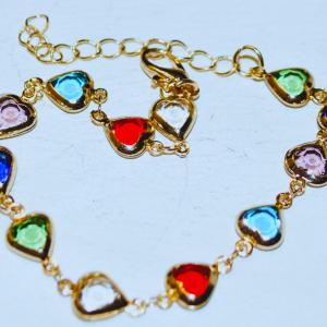 Photo of 12 Multicolor Hearts Bracelet with Gold Tone Surrounds & Chain 7" Circumference
