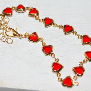 Photo of 12 Red Hearts Bracelet with Gold Tone Surrounds & Chain 7" Circumference