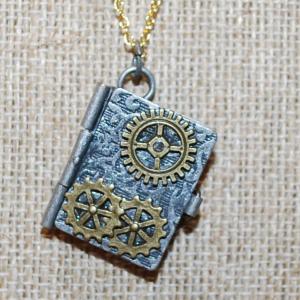 Photo of OPEN Book with Latch PENDANT (1" x ¾") on a Gold Tone Necklace Chain 18" L