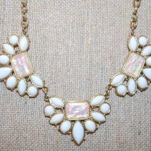 Photo of 3 Section Necklace with White Opaque & Green/Pink Iridescent Rectangular Accent 