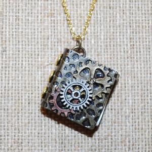 Photo of CLOSED Book PENDANT (1" x 1") on a Gold Tone Necklace Chain 18" L