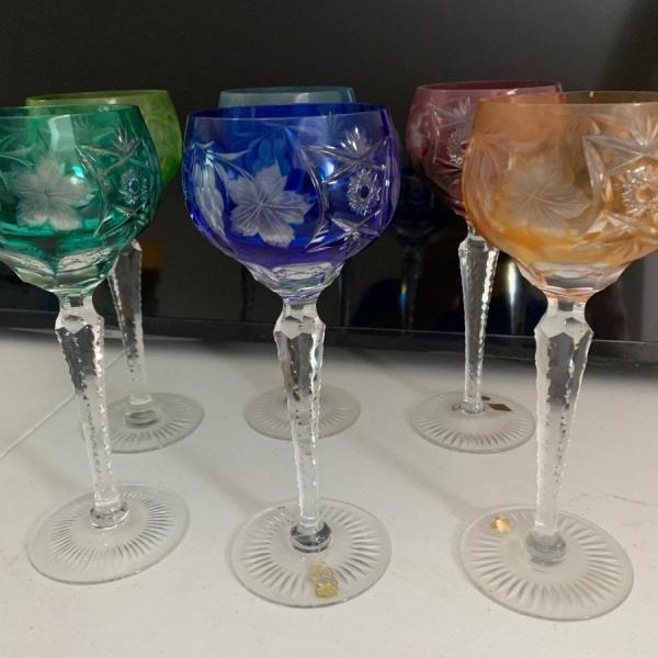 Photo of Set of Six Multi Color Nachtmann Cut To Clear Goblets