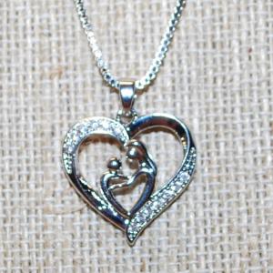 Photo of "Mother & Child" Inside a Glittered Heart PENDANT (¾" x ¾") on a Silver Tone N