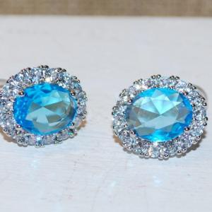 Photo of Blue Single Center Stone Earrings Set with Clear Stone Surround on a Post Back