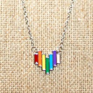 Photo of Rainbow Colored Double Hooked PENDANT (¾" x ¾") on a Silver Tone Necklace Chai