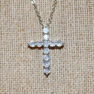 Photo of 11 Clear ROUND Stones Cross PENDANT (1¼" x ¾") on a Silver Tone Necklace Chain