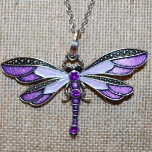 Photo of LIGHT & DARK LAVENDERS Dragonfly PENDANT (2½" x 2") on a Silver Tone Necklace C