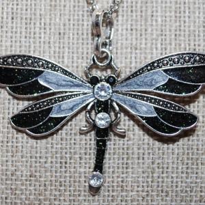 Photo of Glittery DEEP GREEN & GRAY Dragonfly PENDANT (2½" x 2") on a Silver Tone Neckla