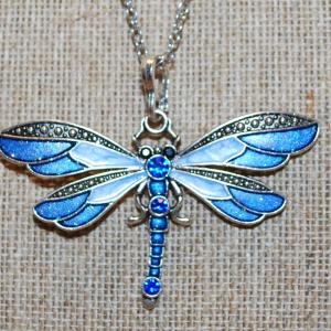 Photo of LIGHT BLUE & DARK BLUE Dragonfly PENDANT (2½" x 2") on a Silver Tone Necklace C