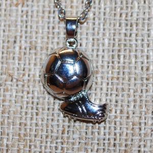 Photo of Fun Soccer Ball & Cleated Shoe PENDANT (1" x ½") on a Silver Tone necklace Chai