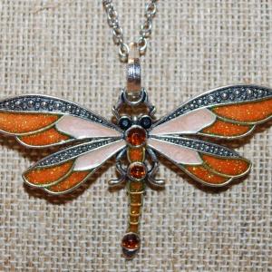 Photo of RED/ORANGE & PINK Dragonfly PENDANT (2½" x 2") on a Silver Tone Necklace Chain 