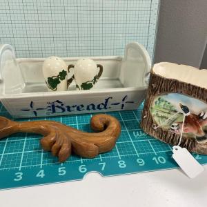 Photo of Bowl, bread, S&P, wood spoon and bird planter