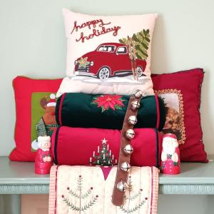 Photo of LOT 79: Christmas Themed Throw Pillows, Candle Holders & Table Runner w/ Bells o