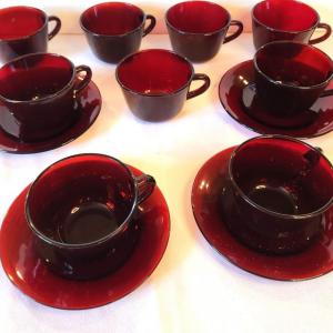 Photo of Lot #26 Lot of Vintage Ruby Red Glass Cups/Saucers