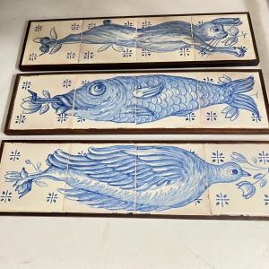 Photo of Lot of 3 Vintage Painted Tiles on Wood Art