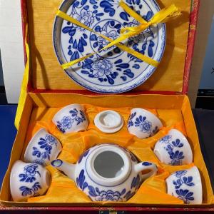 Photo of Vintage 9 Piece Chinese Miniature Porcelain Tea Set in Original Brocade Red Box 