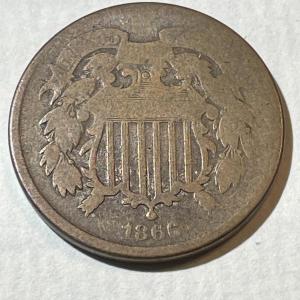 Photo of 1866 GOOD CONDITION TWO CENT PIECE TYPE COIN AS PICTURED.