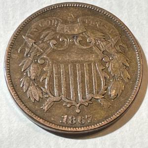 Photo of 1867 FINE/VF CONDITION TWO CENT PIECE TYPE COIN AS PICTURED.