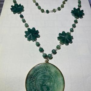 Photo of Vintage Etched Mexican Green Onyx Stone Necklace 26" Long w/Aztec Sun God Pendan