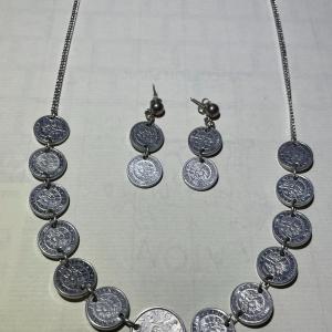 Photo of Vintage Netherlands Sterling Silver Necklace 22" Long & Earrings w/Aluminum Coin