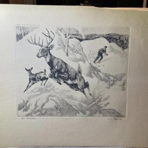 Photo of Vintage Plate Etching by R.H. Palenske "The Intruder" 12.5" x 16" in Good Preown