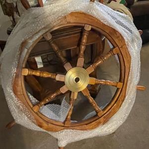 Photo of Vintage Large 36" Boat Ship Wooden Steering Wheel Brass Center Nautical Wall Dec