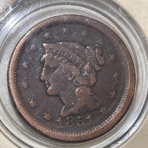 Photo of 1851 CIRCULATED CONDITION US BRAIDED HAIR LARGE CENT BY AMERICAN HISTORIC SOCIET