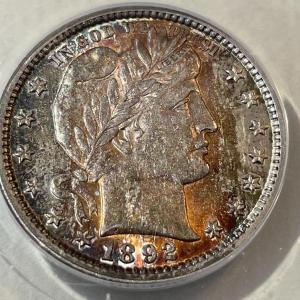 Photo of 1892 AU58/UNCIRCULATED GORGEOUS TONED FIRST YEAR TYPE BARBER SILVER QUARTER AS P