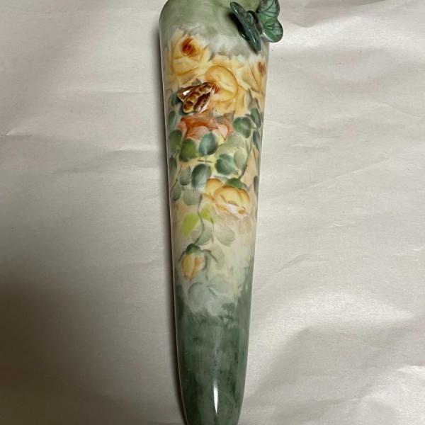 Photo of Vintage Porcelain Floral Hand Painted Wall Pocket 8" Tall in Good Preowned Condi