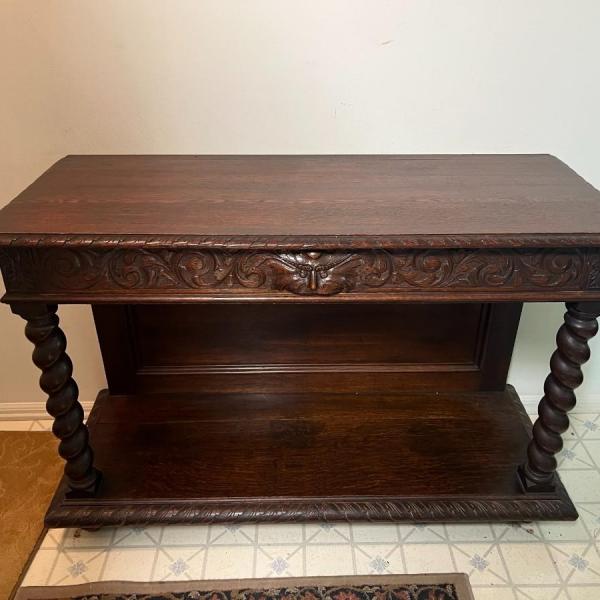Photo of Antique Hand Carved Column Credenza w/Large Drawer 47" Long, 31" Tall & 19-1/2" 