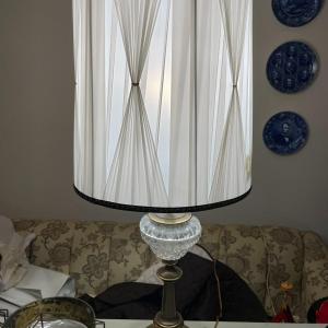 Photo of Vintage Mid-Century Brass & Crystal Tall Table Lamp w/Pleated Shade 38.5" Tall w