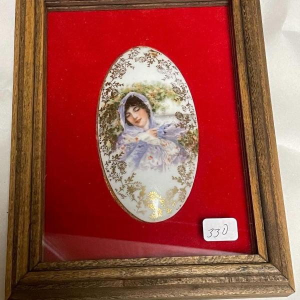 Photo of Vintage Encased & Framed Hand Painted Porcelain Cameo 6" X 8" in Good Preowned C