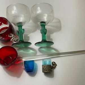 Photo of Vintage Glass Lot of 6-Pieces; Art Glass Ladle, Cactus Stemware, Etched Ruby Gla