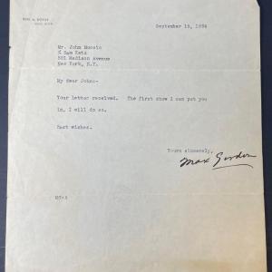 Photo of Signed MAX GORDON (Broadway producer) letter to John Muccio/Sept. 15th 1934