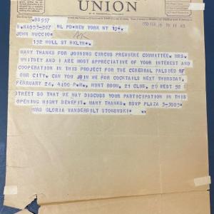 Photo of Gloria Vanderbilt Stokowski Western Union telegram to John Muccio/ Feb. 19th 195