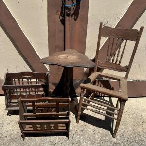 Photo of LOT 96S: Vintage Wooden Chair, Table & Magazine Racks