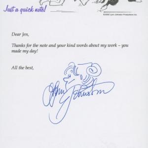 Photo of Lynn Johnston signed note