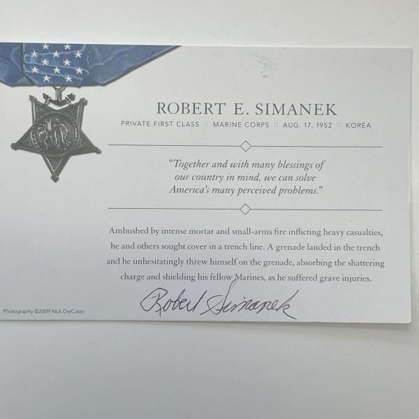 Photo of Korean War Medal of Honor Robert E. Simanek signed card