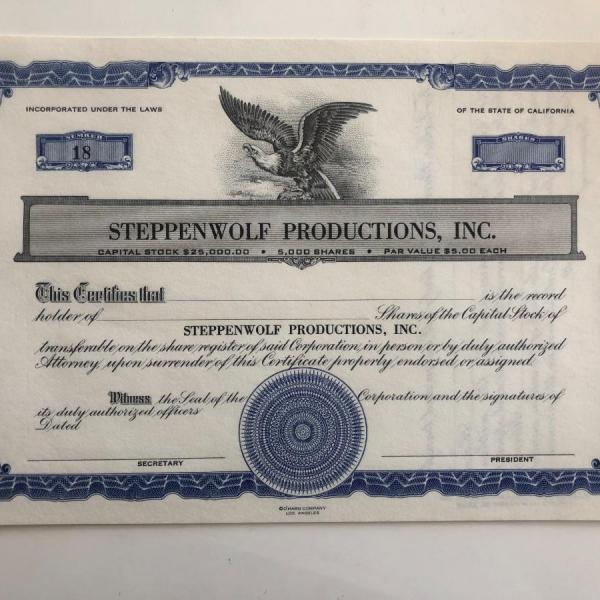 Photo of Steppenwolf Productions Inc. Blank Stock Certificate