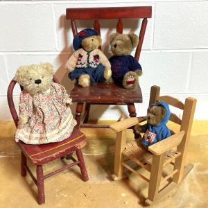 Photo of LOT 65: Three Small Vintage Wooden Chair and Collection of Bear Stuffed Animals 
