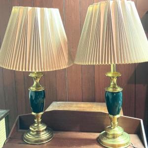 Photo of LOT 64: Pair of Brass / Green Table Lamps