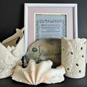 Photo of LOT 18: Cross Stitch ABC Sampler/Capy May, Handcrafted Art Pottery Fish & Vase, 