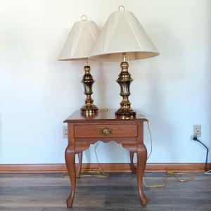 Photo of LOT 30: Pair of Vintage Brass Table Lamps with Side Table